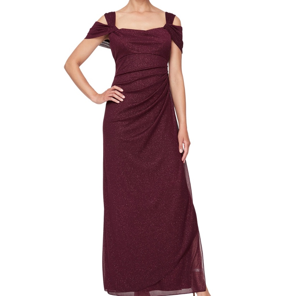 Alex Evenings Cold Shoulder Draped Metallic Gown - Fig - Sz 16